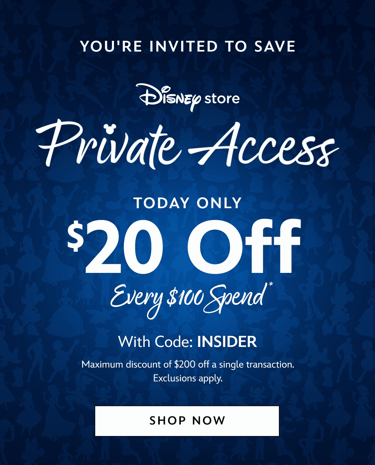 Private Access. You're Invited to Save. Today Only. $20 Off Every $100 Spend* With Code: INSIDER. Maximum discount of $200 off a single transaction. Exclusions apply. | Shop Now