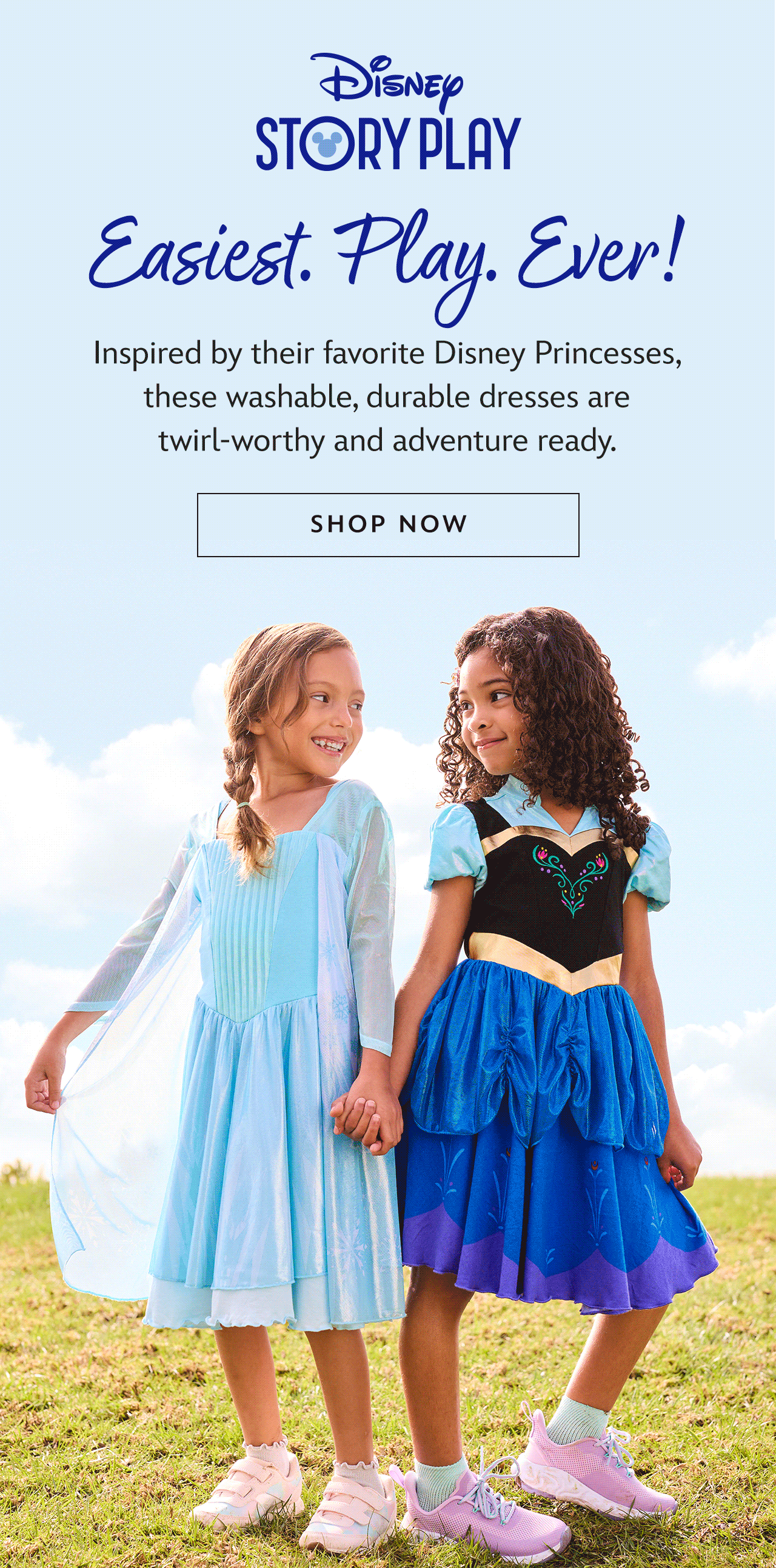 Easiest. Play. Ever! Inspired by their favorite Disney Princesses, these washable, durable dresses are twirl-worthy and adventure ready.|Shop Now