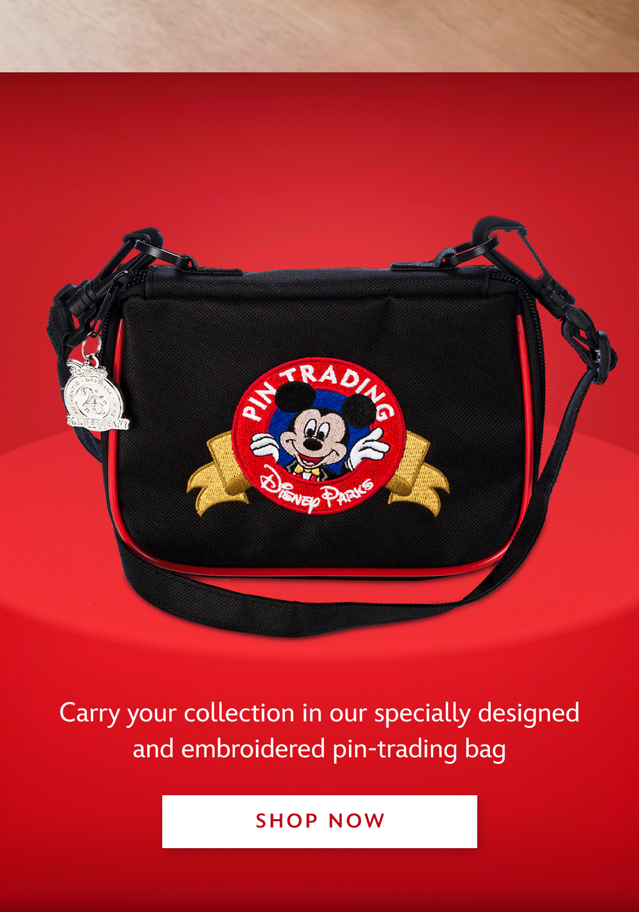 Carry your collection in our specially designed and embroidered pin-trading bag | Shop Now