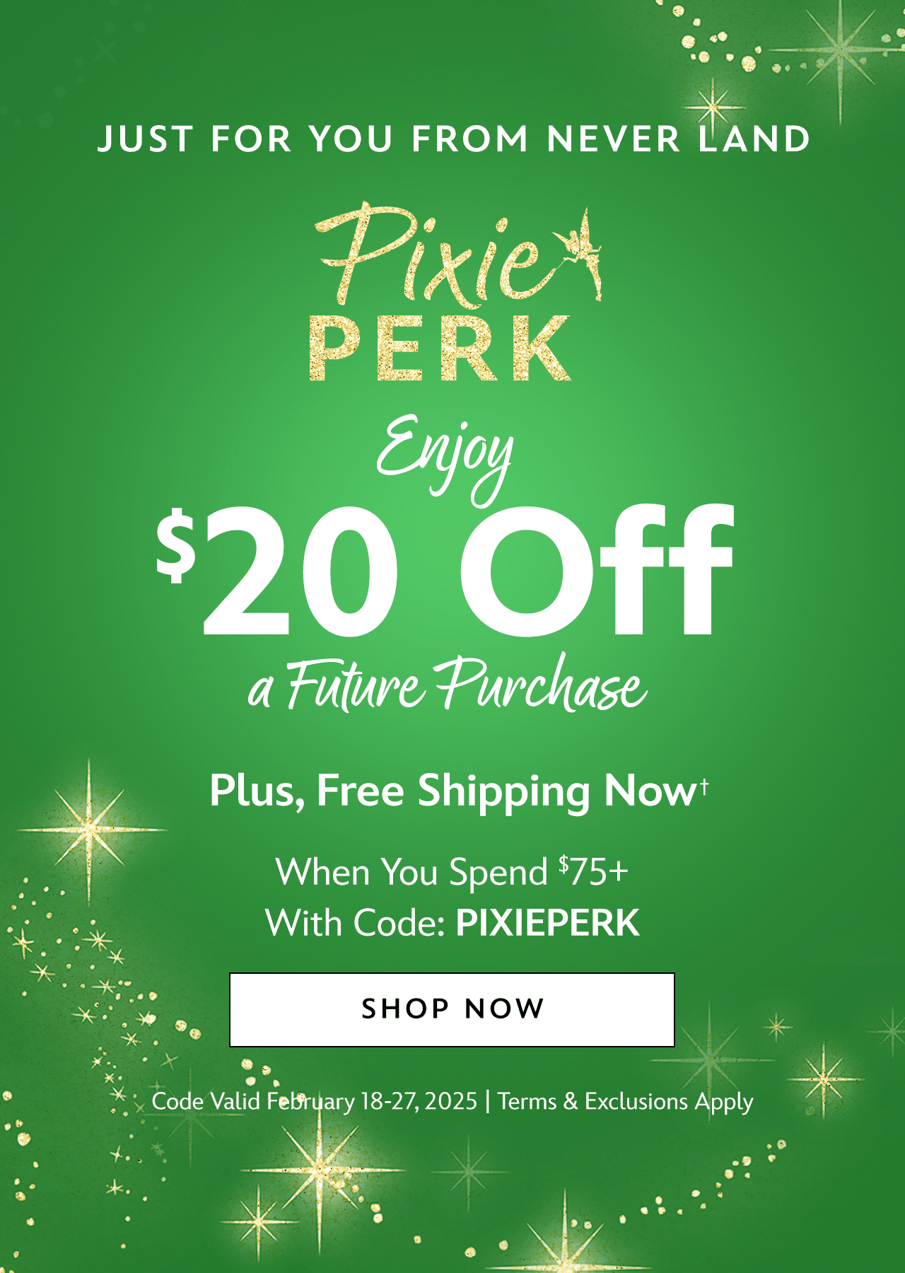 Just For You From Never Land | Pixie Perk | Enjoy $20 Off* a Future Purchase | Plus, Free Shipping Now When You Spend $75+ With Code: PIXIEPERK | Shop Now | Code Valid February 18-27, 2025 | Terms & Exclusions Apply