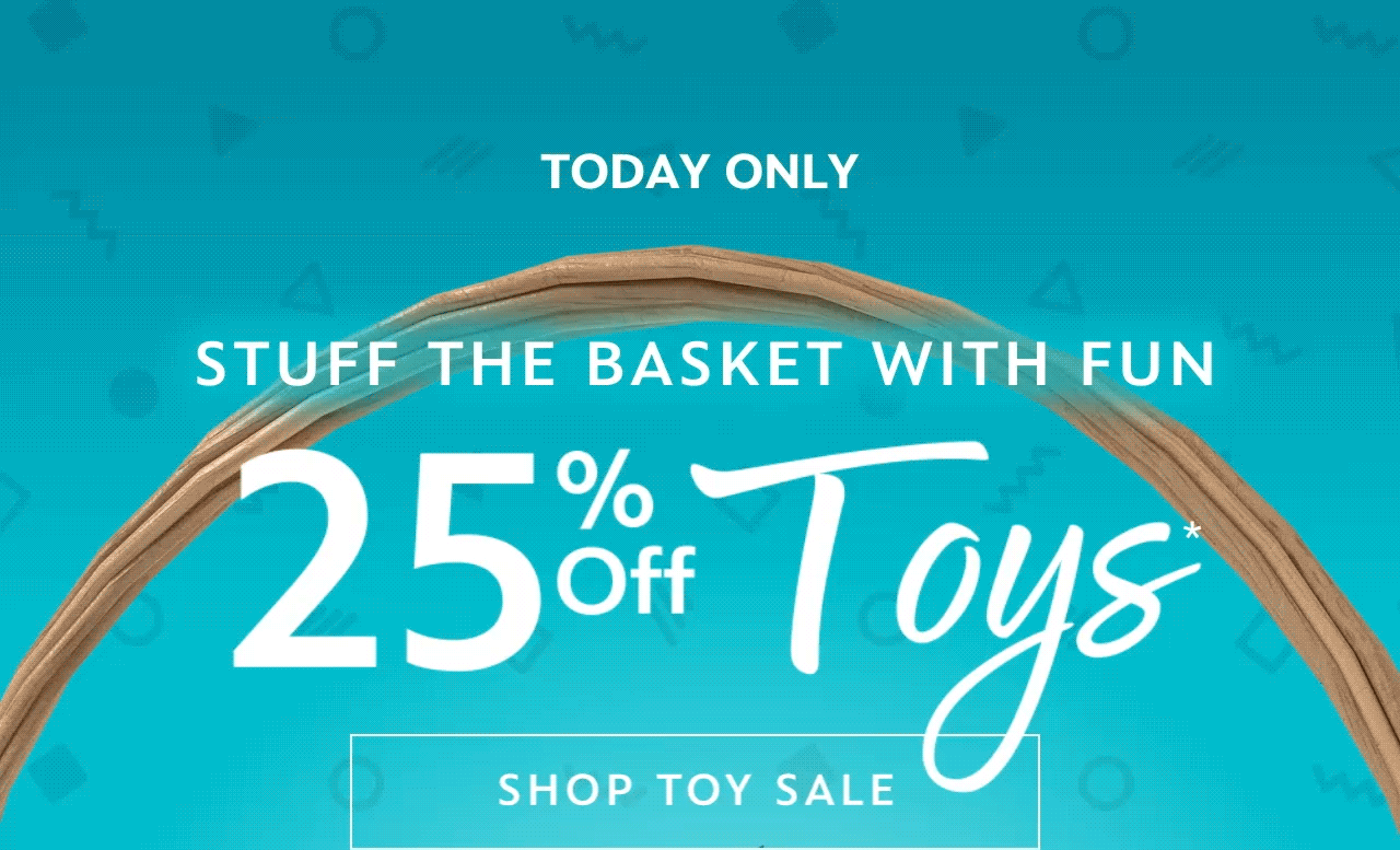 Toy-day Only! | Stuff the Basket with Fun | 25% Off Toys | Select Styles | Shop Toy Sale