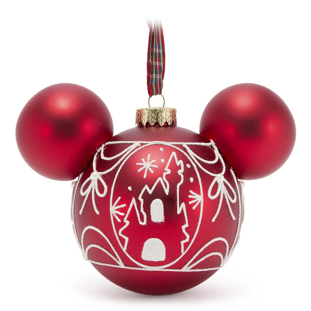 Mickey Mouse Icon Glass Ball Ornament with Fantasyland Castle &ndash; Red