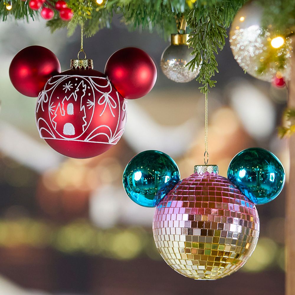 Mickey Mouse Icon Glass Ball Ornament with Fantasyland Castle &ndash; Red