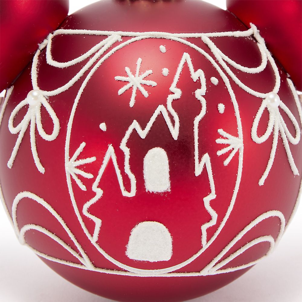 Mickey Mouse Icon Glass Ball Ornament with Fantasyland Castle &ndash; Red