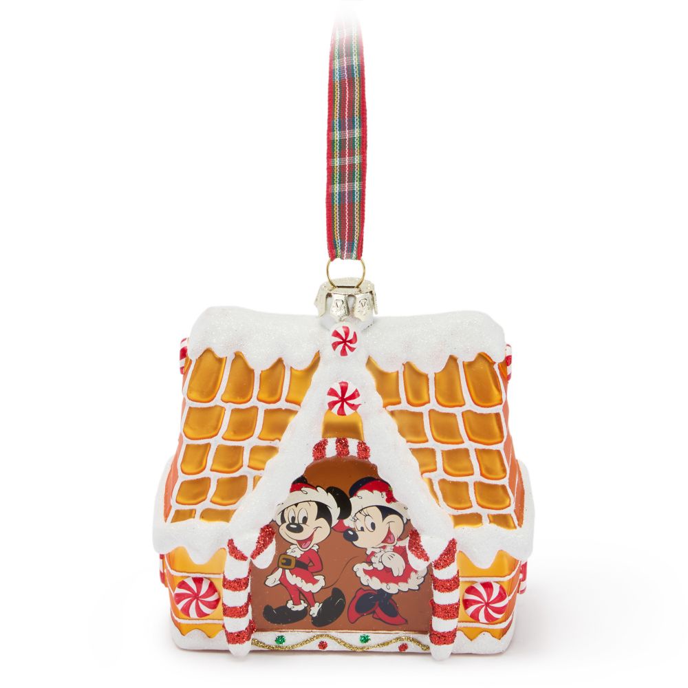 Santa Mickey and Minnie Mouse Gingerbread House Glass Ornament