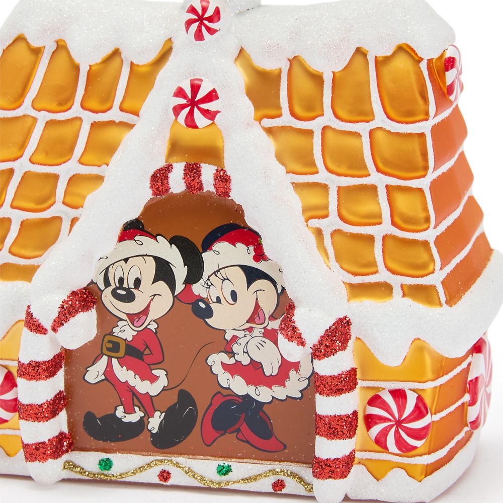 Santa Mickey and Minnie Mouse Gingerbread House Glass Ornament