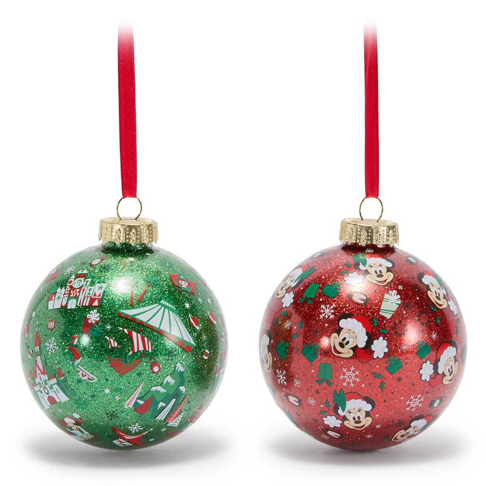 Santa Mickey and Minnie Mouse Disney Parks Glass Ball Ornament Set