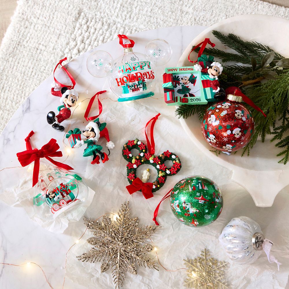 Santa Mickey and Minnie Mouse Disney Parks Glass Ball Ornament Set