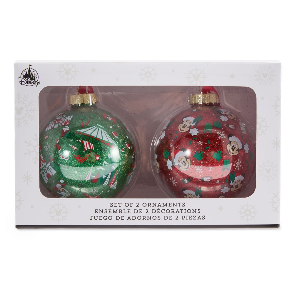 Santa Mickey and Minnie Mouse Disney Parks Glass Ball Ornament Set