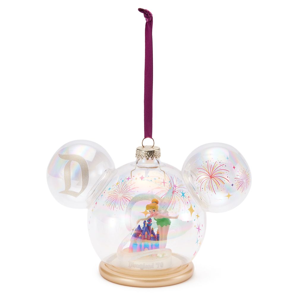 Tinker Bell and Sleeping Beauty Castle in Mickey Mouse Icon Glass Ball Ornament Disneyland 70th Anniversary