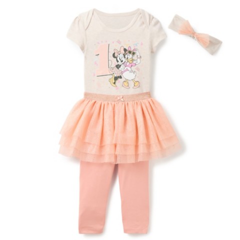 Disney Minnie Mouse and Daisy Duck 1st Birthday Bodysuit and Skirt with Leggings Set for Baby