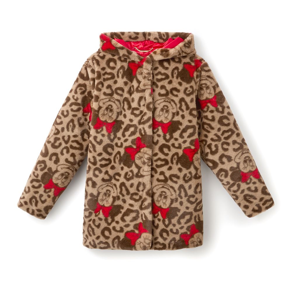 Minnie Mouse Faux Fur Leopard Print Hooded Coat for Women
