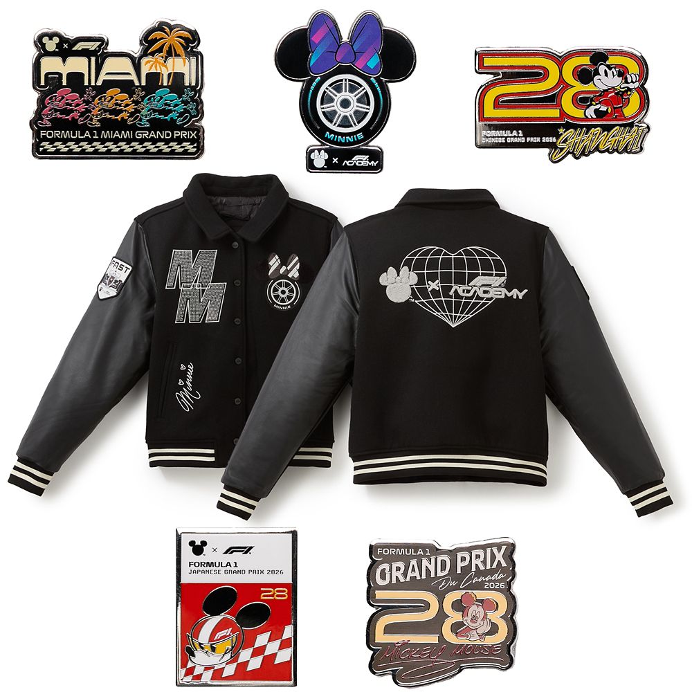 Disney x F1 ACADEMY&trade; Minnie Mouse Varsity Jacket for Women and Pins Set &ndash; D23: The Ultimate Disney Fan Event