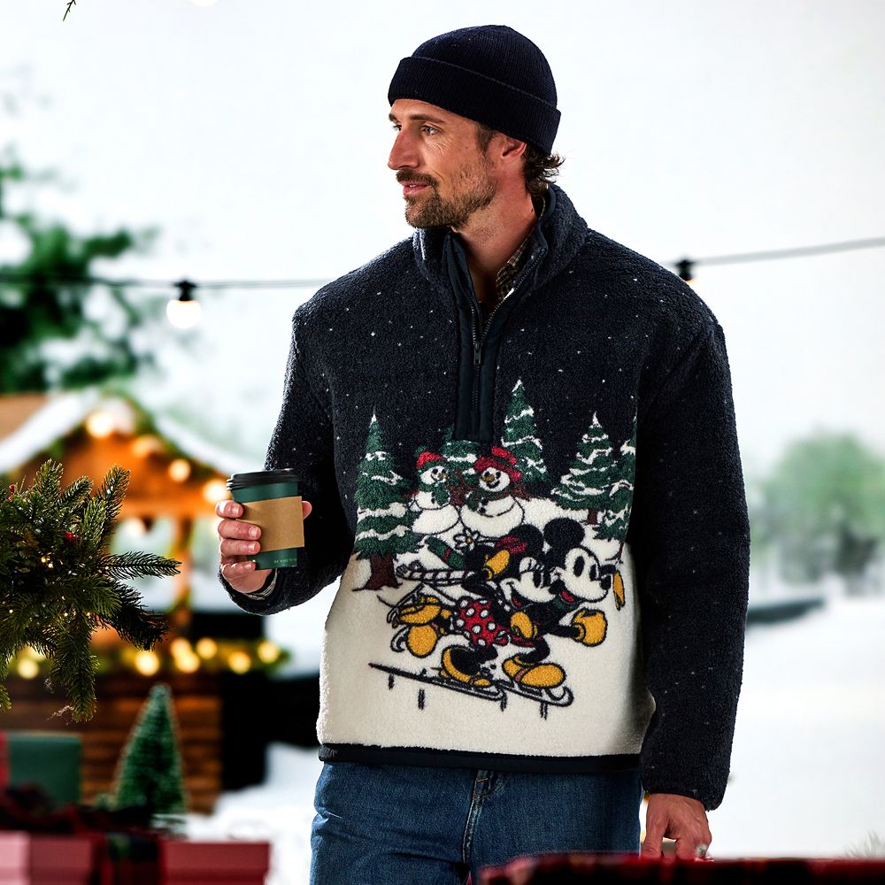 Mickey and Minnie Mouse Faux Shearling Holiday 1/4 Zip Jacket for Adults