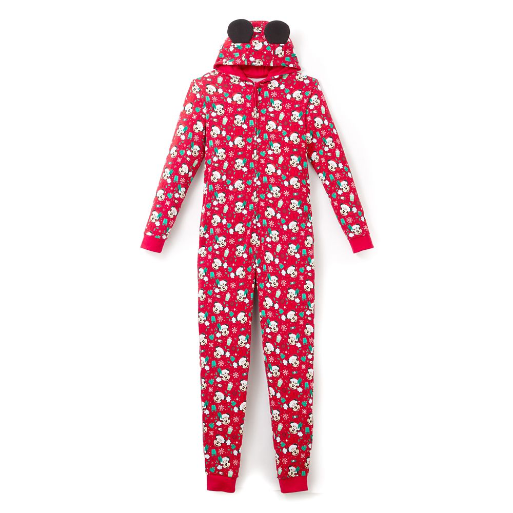 Mickey and Minnie Mouse Holiday Hooded One-Piece Pajama for Adults