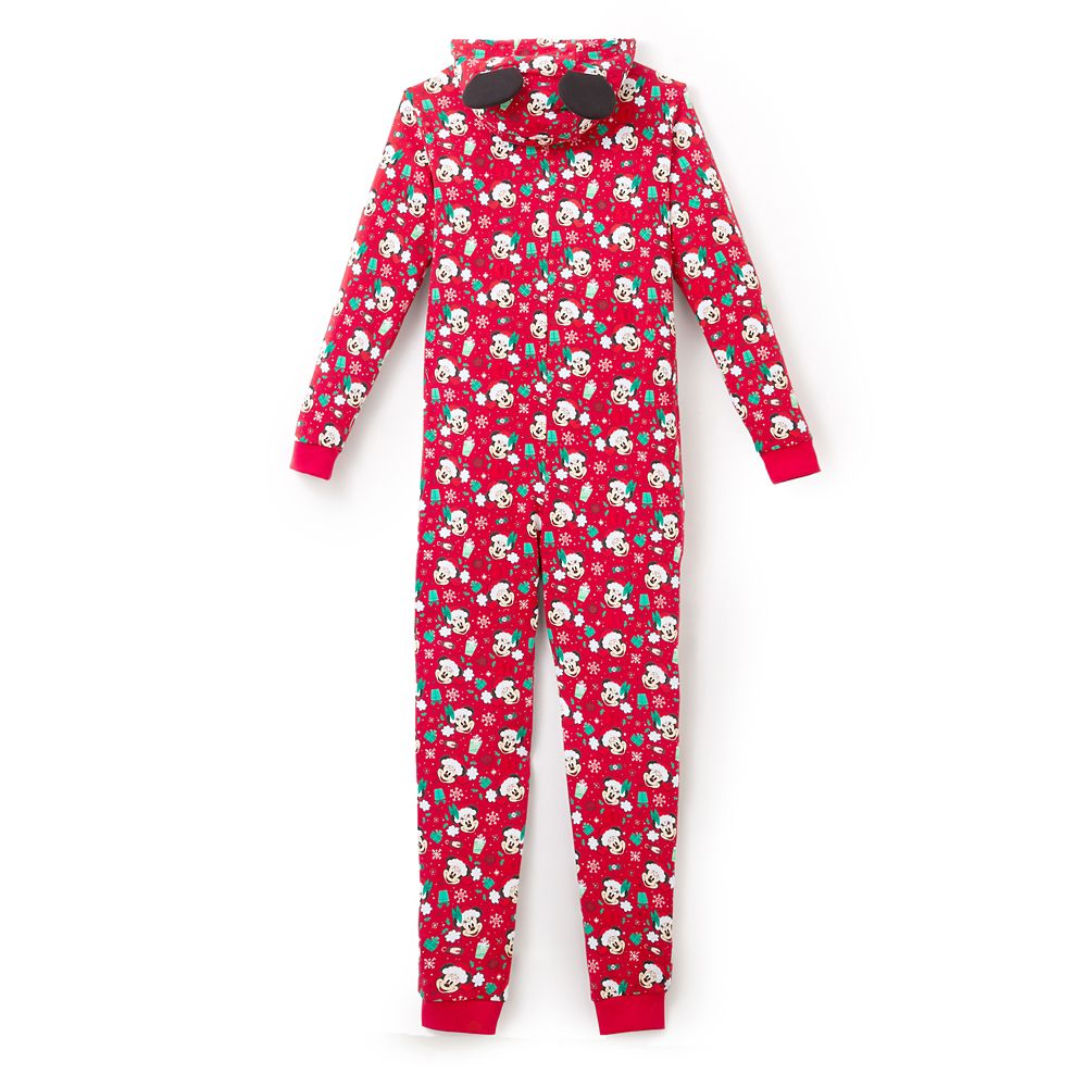 Mickey and Minnie Mouse Holiday Hooded One-Piece Pajama for Adults
