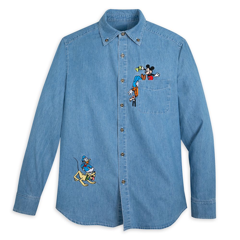 2021 Disney online Parks Christmas Denim Jean Button Long Sleeve Shirt Mickey Size L