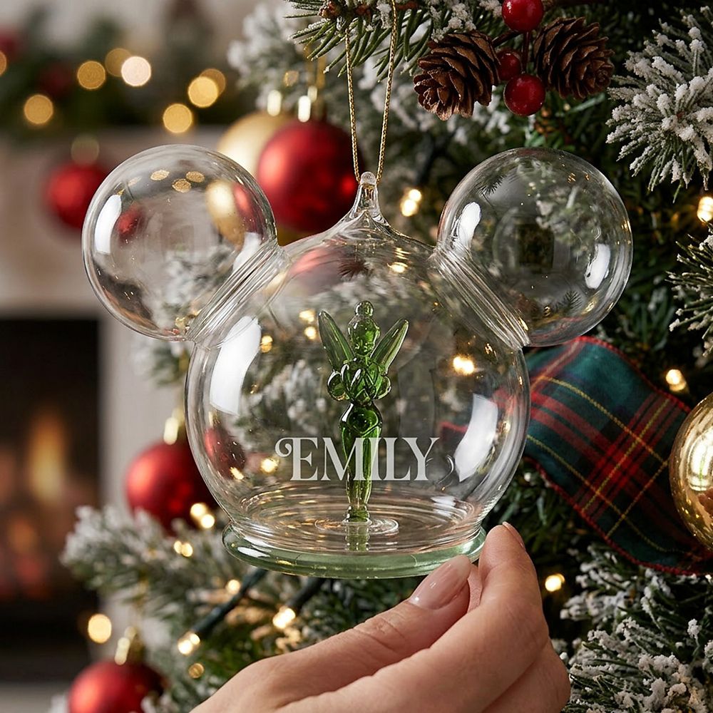 Tinker Bell Mickey Icon Glass Ball Ornament by Arribas - Peter Pan - Personalized