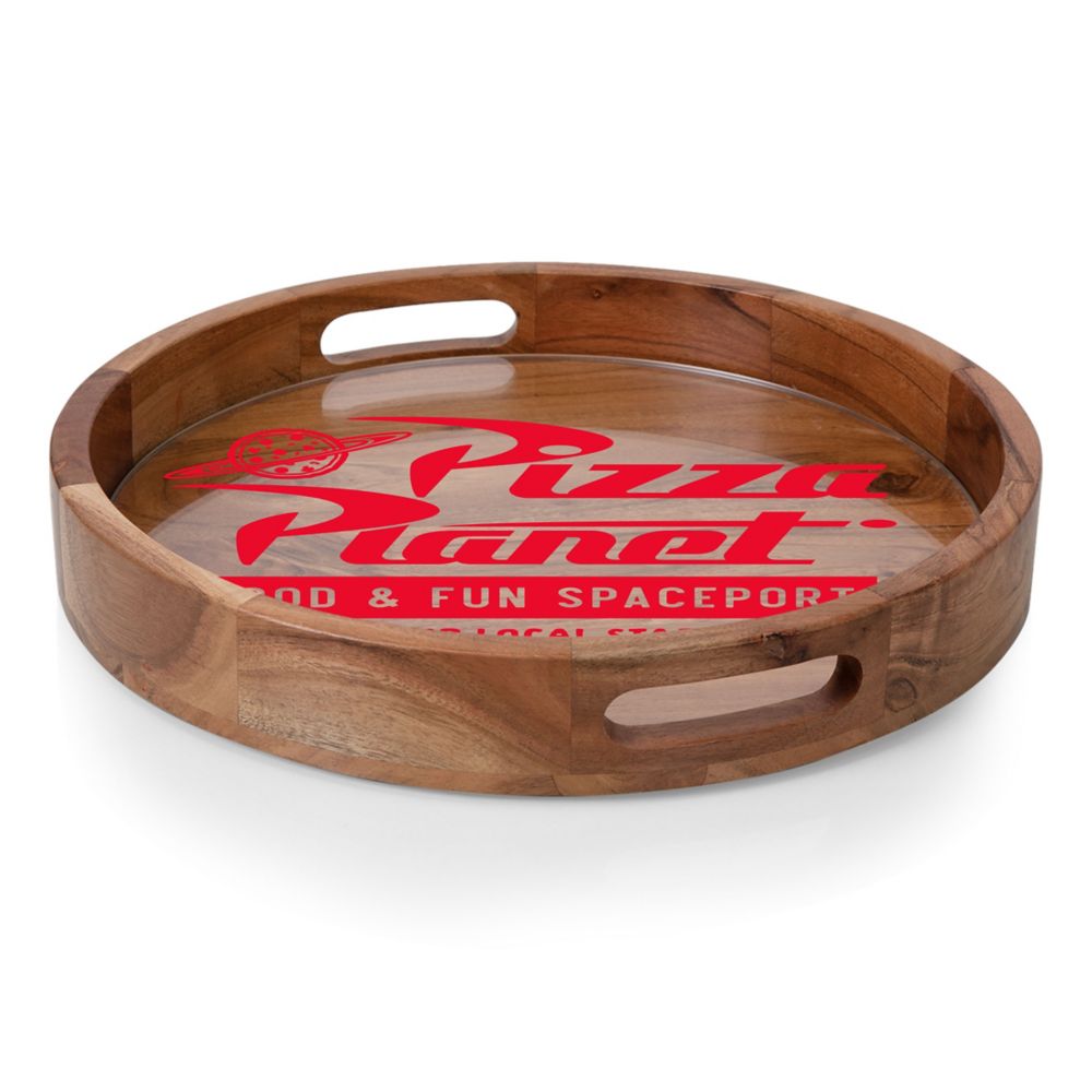 Pizza Planet Barista Round Acacia Wood Serving Tray with Glass Insert and Handles &ndash; Toy Story