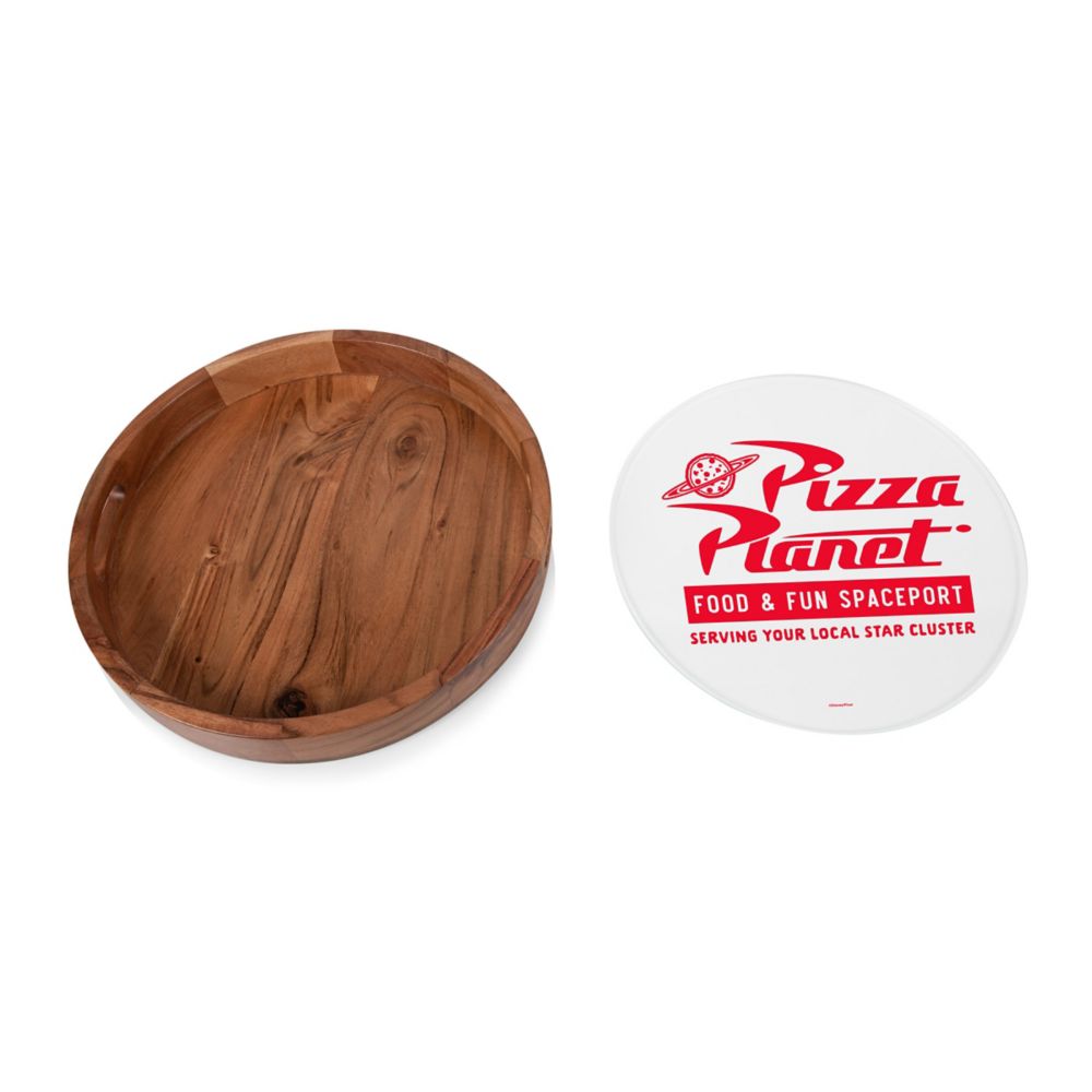 Pizza Planet Barista Round Acacia Wood Serving Tray with Glass Insert and Handles &ndash; Toy Story