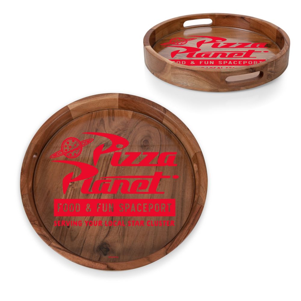 Pizza Planet Barista Round Acacia Wood Serving Tray with Glass Insert and Handles &ndash; Toy Story