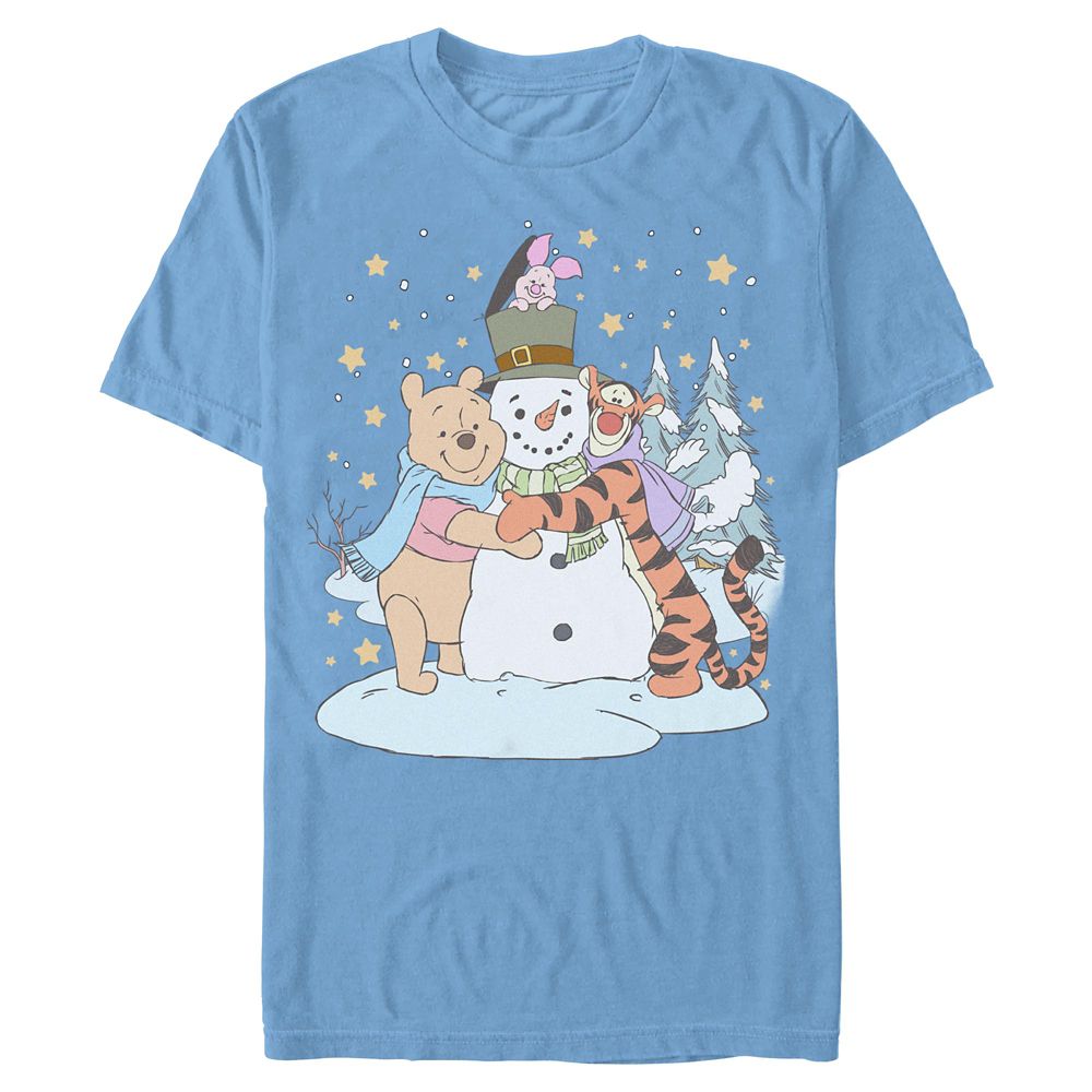 Winnie the Pooh, Piglet, and Tigger with Snowman Holiday T-Shirt for Adults