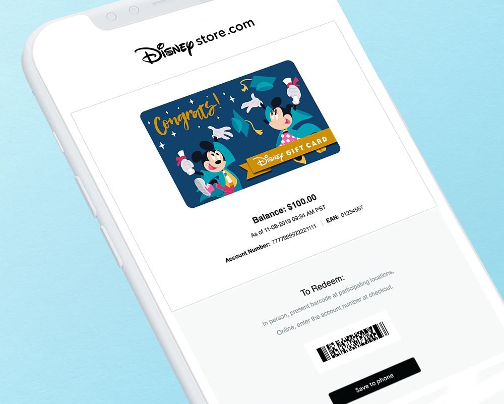 Mickey and Minnie Mouse Graduation ''Congrats!'' Disney Gift Card eGift