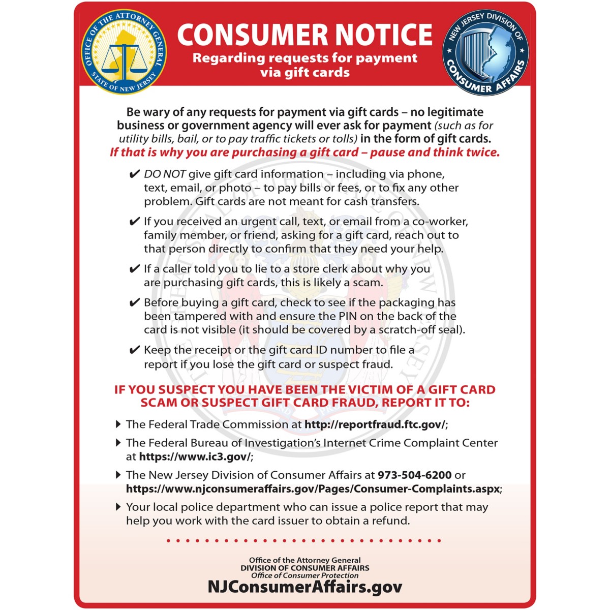 New Jersey Consumer Affairs Notice