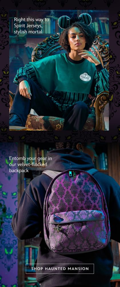 Right this way to Spirit Jerseys, stylish mortal. Entomb your gear in our velvet-flocked backpack | Shop Haunted Mansion
