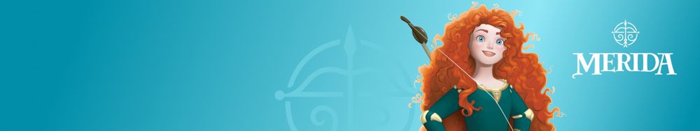 Merida stands confidently, her fiery red hair blowing in the wind, with a bow on her back. The background is a burnt orange hue.