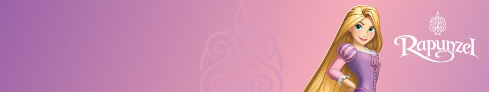 Rapunzel from Tangled strikes a sassy pose, hand on hip, other hand holding her long hair, against a purple graphic background.