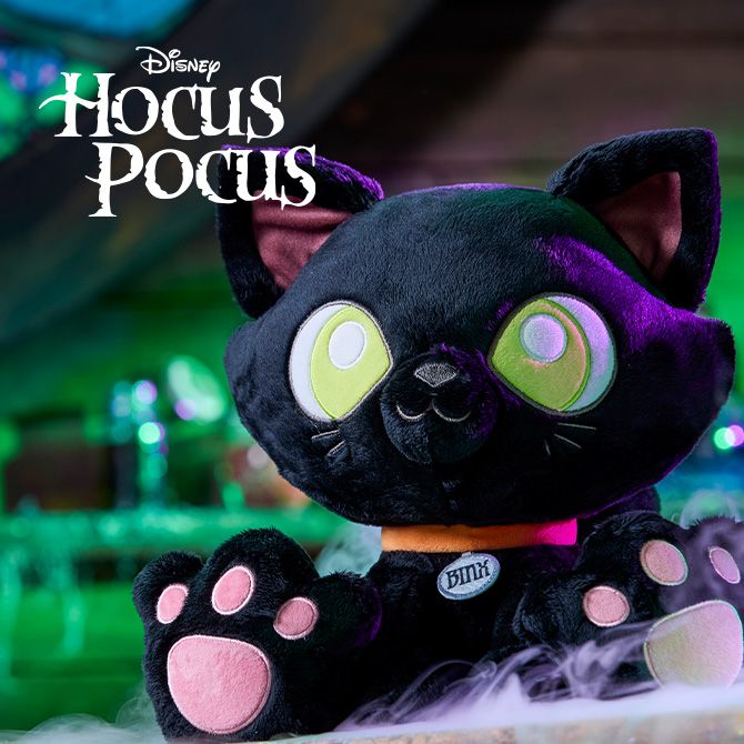Plush black cat with green eyes, pink paw pads, and a 'Binx' pendant, set against a smoky green-lit background. Hocus Pocus logo visible.
