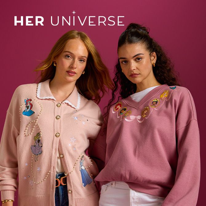 Person modeling a cream jacket with Disney attraction icons, brown cuffs, and blue lining. Her Universe logo is shown at the top right.