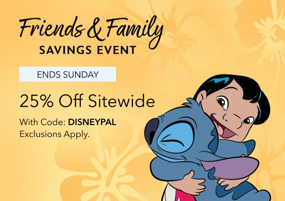Friends & Family Savings Event. Ends Sunday. 25% Off Sitewide with code DISNEYPAL. Lilo hugs Stitch. Yellow background with floral pattern.