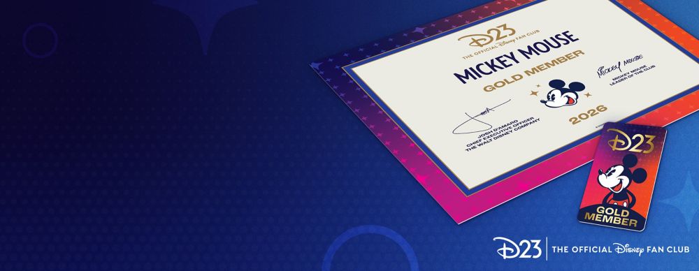 Image of D23 Gold Member Certificate and Card on dark blue background. Text: D23: The Official Disney Fan Club.