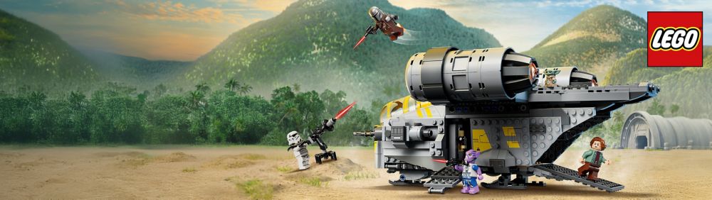 LEGO Star Wars ship and minifigures on a dirt landscape with green hills and blue sky. LEGO logo at top left.