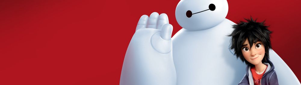 Baymax and Hiro Hamada standing against red backdrop, Baymax waving hello.