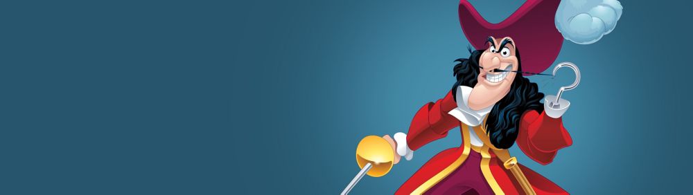 Cartoon Captain Hook with sword down and hook raised, standing on blue background.