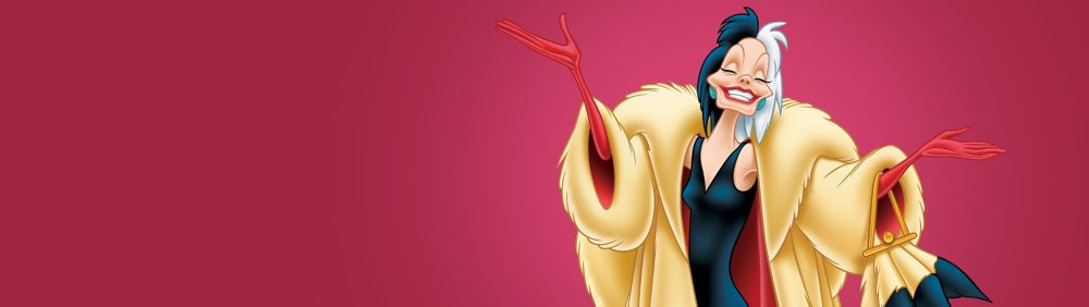 A cartoon depiction of Cruella De Vil, wearing a wide smile and raising her hands in the air, set against a vibrant red backdrop.