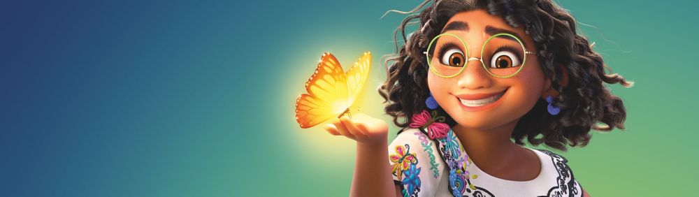 Mirabel from Encanto smiling on green and blue background, holding a glowing yellow butterfly.