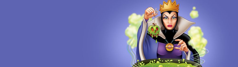 Cartoon Evil Queen holding a poison apple in front of a potion. Purple background with green smoke.