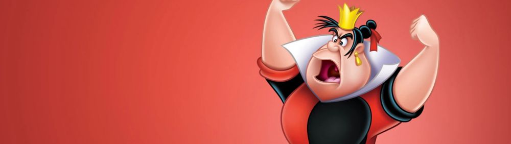 Cartoon queen of hearts with hands thrown up, yelling face, and red background.