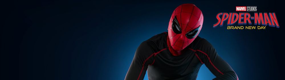 MARVEL STUDIOS SPIDER-MAN BRAND NEW DAY logo above Spider-Man in black suit and mask, crouched in front of a blue gradient background.