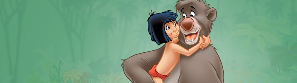 Mowgli and Baloo hugging against a green background.