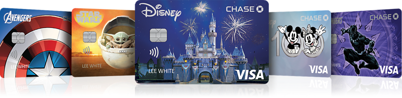 Disney Visa Credit Cards feature several card design options, including Sleeping Beauty Castle, Disney100, Black Panther, The Mandalorian, Captain America, Groot, and more.