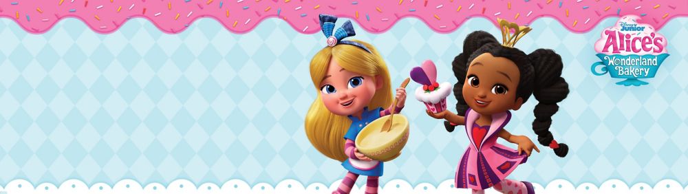 Alice and Princess Rosa baking in front of a colorful background. Text: "Disney Junior Alice's Wonderland Bakery".