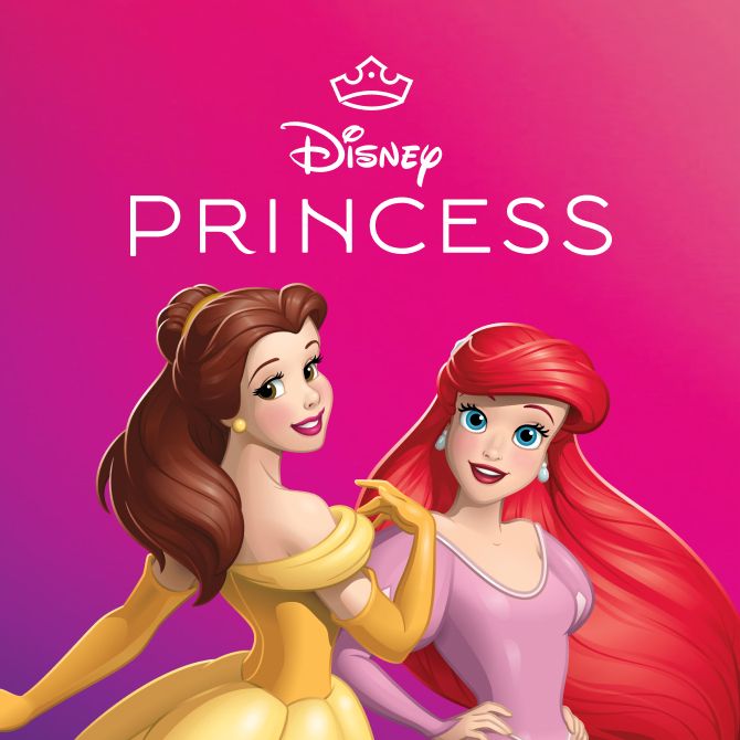 Belle and Ariel posing against a pink background. Text: "Disney Princess".