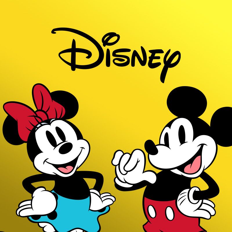 Mickey and Minnie smiling against a yellow background. Text: "Disney".