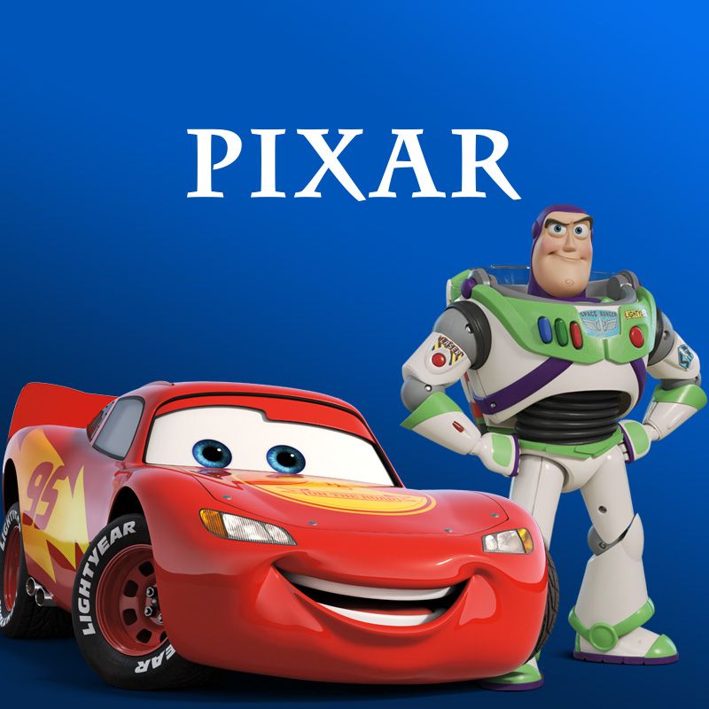 Lightning McQueen and Buzz Lightyear posing against a blue background. Text: "Pixar".