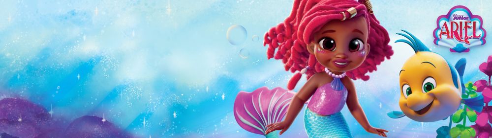 Disney Junior's Ariel posing with Flounder under the sea. Disney Junior Ariel logo in the top corner.